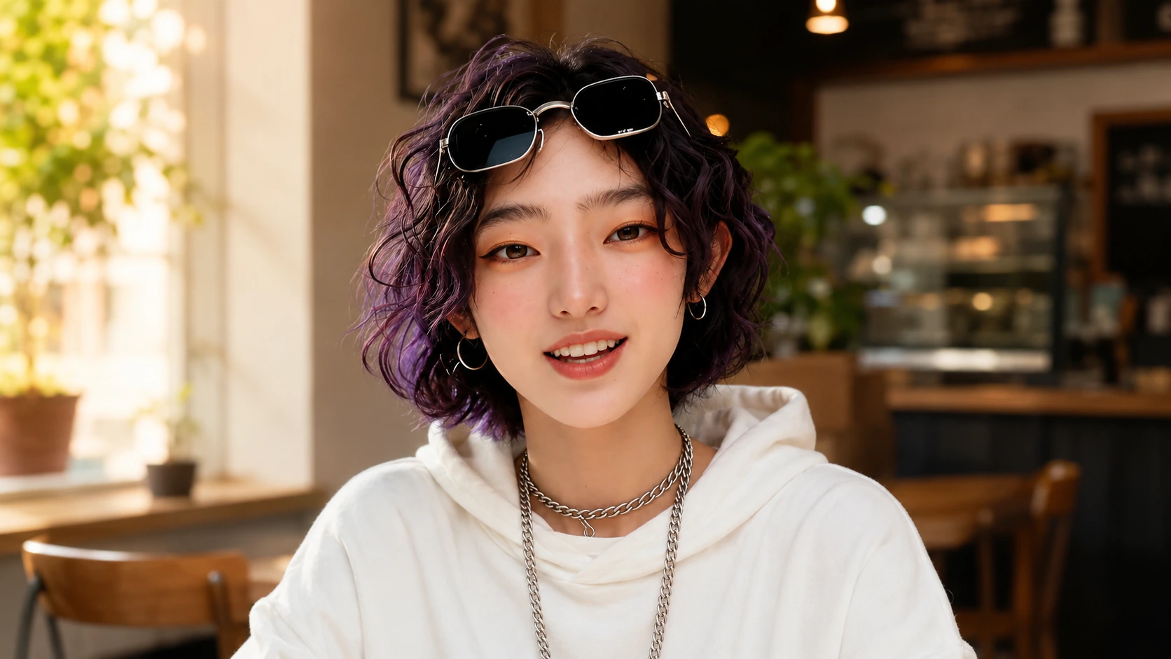 同一角色 LUNA 在室内咖啡馆